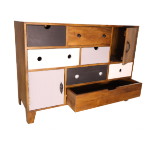wooden colourful cabinet with 7 drawers and 2 doors